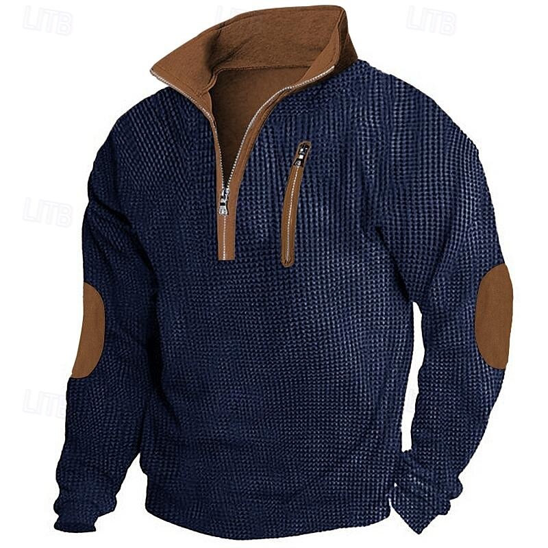 Men's Waffle Shirt Tee Top Long Sleeve Shirt Long Sleeve Quarter Zip Spring &  Fall Cross-Seasons Patchwork Daily Casual Street Style Patchwork Zipper Outdoor Street Causal Black Navy Blue Khaki Top2