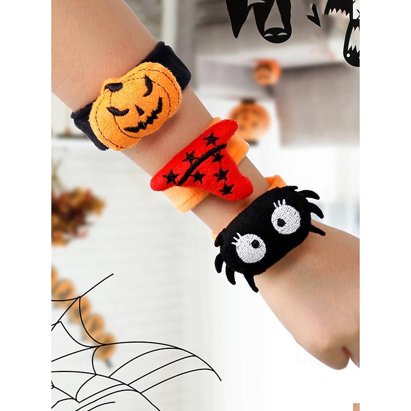 Halloween Themed Plush Slap Bracelets – Pumpkin, Witch Hat, Spider Design for Kids Party Favors and Decorations