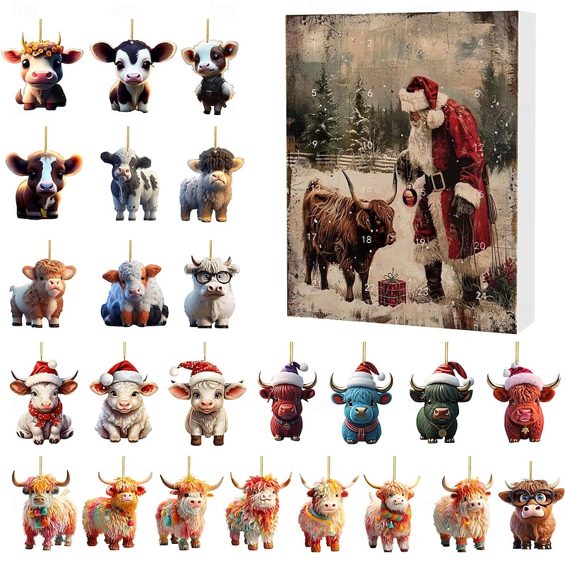 Christmas Advent Calendar Ornaments,2D Acrylic Cute Yak 24pcs Christmas Ornament Kit Gift 24 Days Countdown Mini Hanging Tree Xmas Ornaments for Christmas Party Decorations
