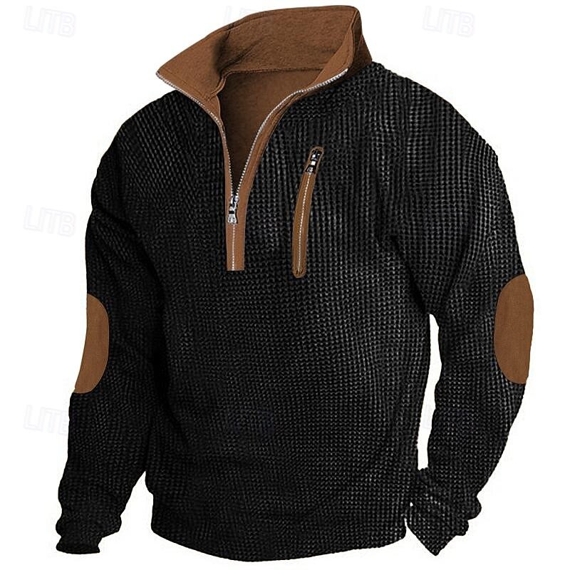 Men's Waffle Shirt Tee Top Long Sleeve Shirt Long Sleeve Quarter Zip Spring &  Fall Cross-Seasons Patchwork Daily Casual Street Style Patchwork Zipper Outdoor Street Causal Black Navy Blue Khaki Top3