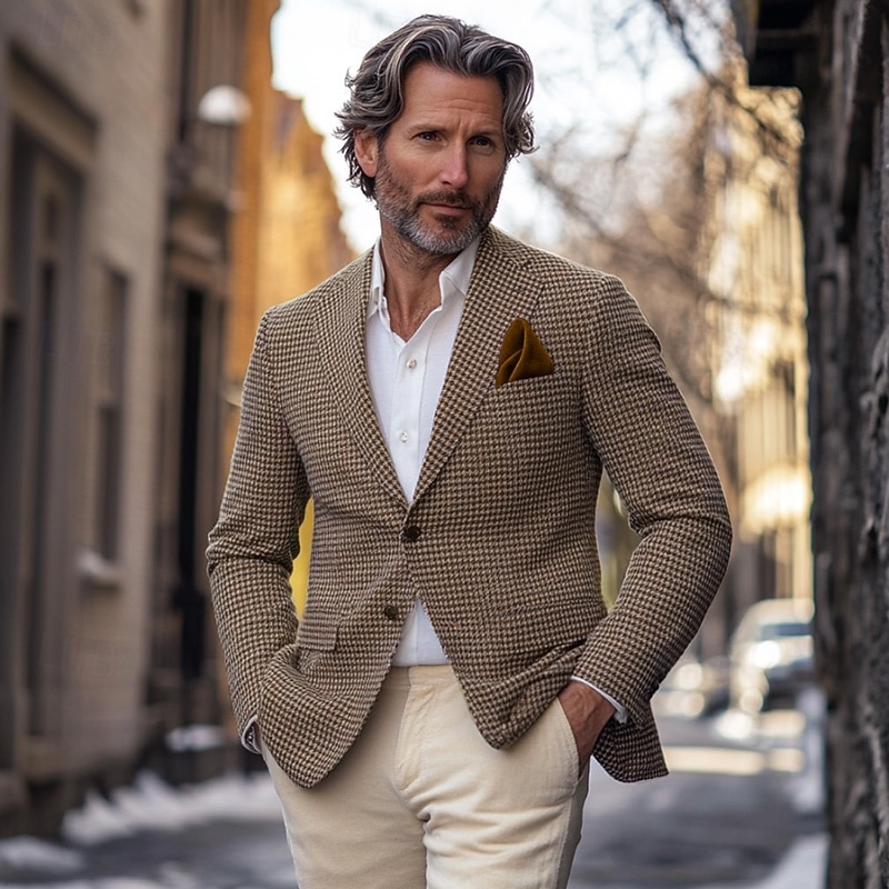 Men's Blazer Jacket Sport Coat Notch Collar Fashion Casual Houndstooth Blazer Brown Tailored Fit Single Breasted Two-buttons