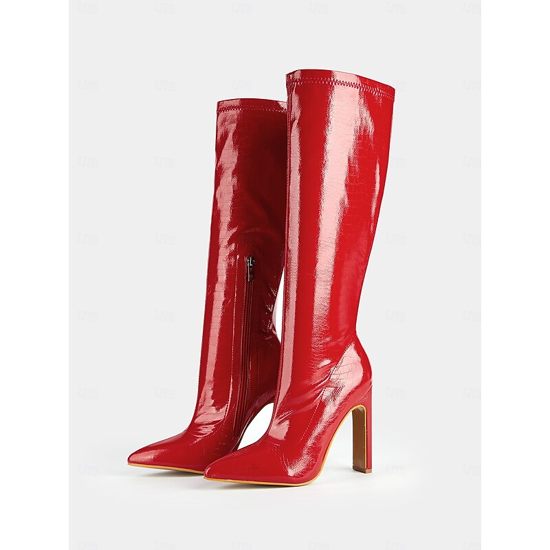 Women's Red Patent Faux Leather Knee-High Stiletto Boots with Crocodile Pattern - Sexy High Heel Boots for Parties and Night Out2