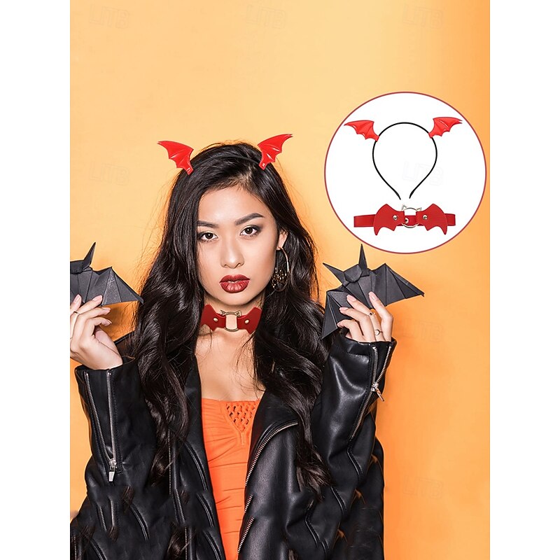 Bat Wing Headband and Gothic Leather Choker Set – Halloween-Themed Costume Accessories for Women, Perfect for Cosplay and Party Outfits2