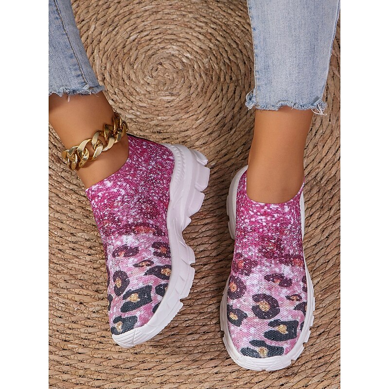 Women's Pink Leopard Print Knit Sneakers - Slip-On Design, Lightweight Casual Walking Shoes for Daily Wear3