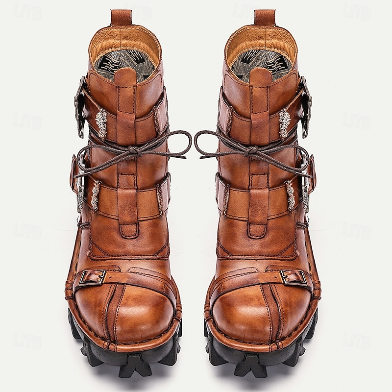 Men's Gothic Steampunk Skull Buckle Combat Boots with Rugged Sole - Vintage Brown Leather Lace-Up Ankle Boots for Bikers and Cosplay2