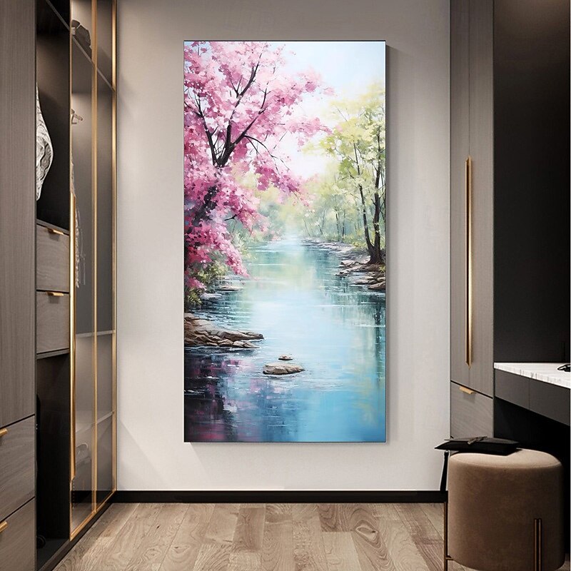 Handpainted Original Colorado River Pink Wildflowers Large Oil Painting Summer Landscape Wall Art Home Decor For Living Room No Frame3