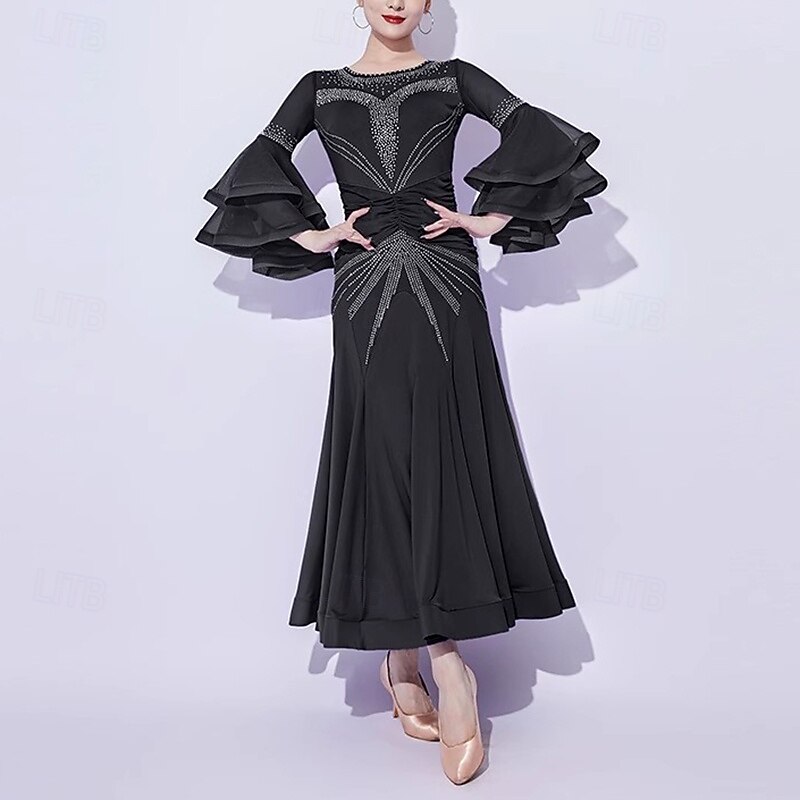 Ballroom Dance Dress Rhinestone Splicing Women's Performance Party Long Sleeve Mesh Milk Fiber4