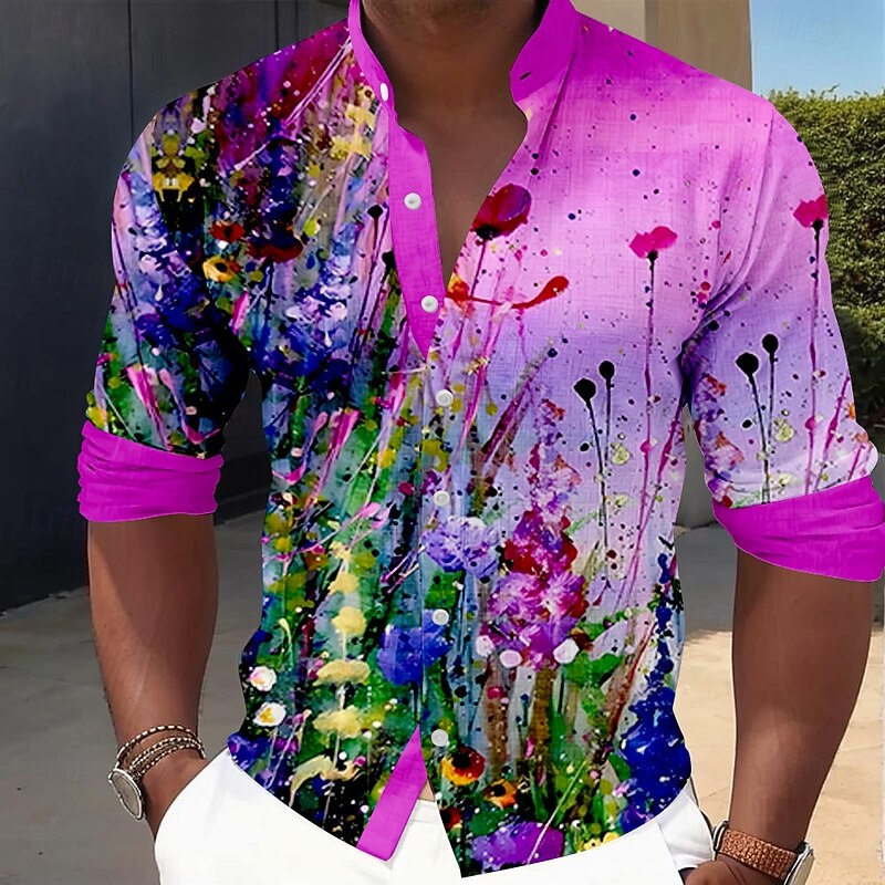 Men's Floral Button Up Shirt Long Sleeve Casual Vacation Daily Summer Spring &  Fall Grandad Collar Band Collar 3D Print Violet Blue Orange
