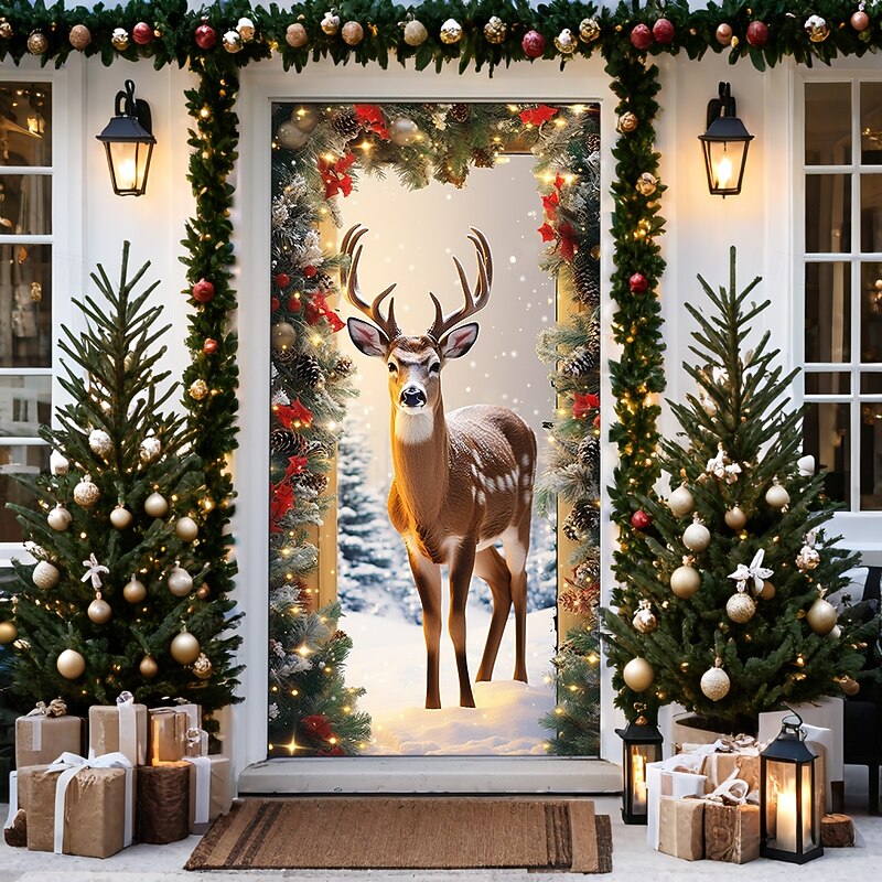 Christmas Door Decorations Door Covers Xmas Reindeer Door Tapestry Door Curtain Decoration Backdrop Door Banner for Front Door Farmhouse Holiday Party Decor Supplies Indoor/Outdoor
