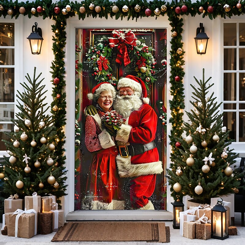 Christmas Door Decorations Door Covers Santa Couple Door Tapestry Door Curtain Decoration Backdrop Door Banner for Front Door Farmhouse Holiday Party Decor Supplies Gift Indoor/Outdoor