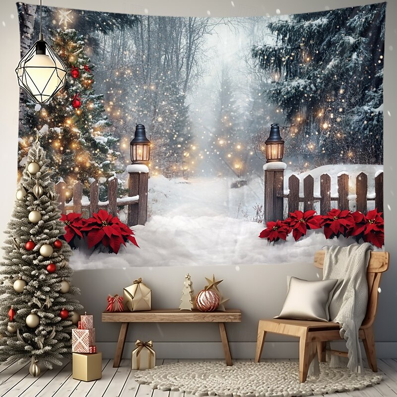 Christmas Decorations Snow Gate Fence Hanging Tapestry Wall Art Large Tapestry Mural Decor Photograph Backdrop Blanket Curtain Home Bedroom Living Room Decoration2