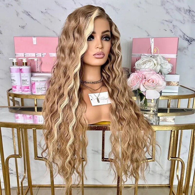 Unprocessed Virgin Hair 13x4 Lace Front Wig Middle Part Brazilian Hair Wavy Blonde Multi-color Wig 130% 150% Density Smooth Highlighted / Balayage Hair Natural Hairline For Women Long Human Hair Lace4
