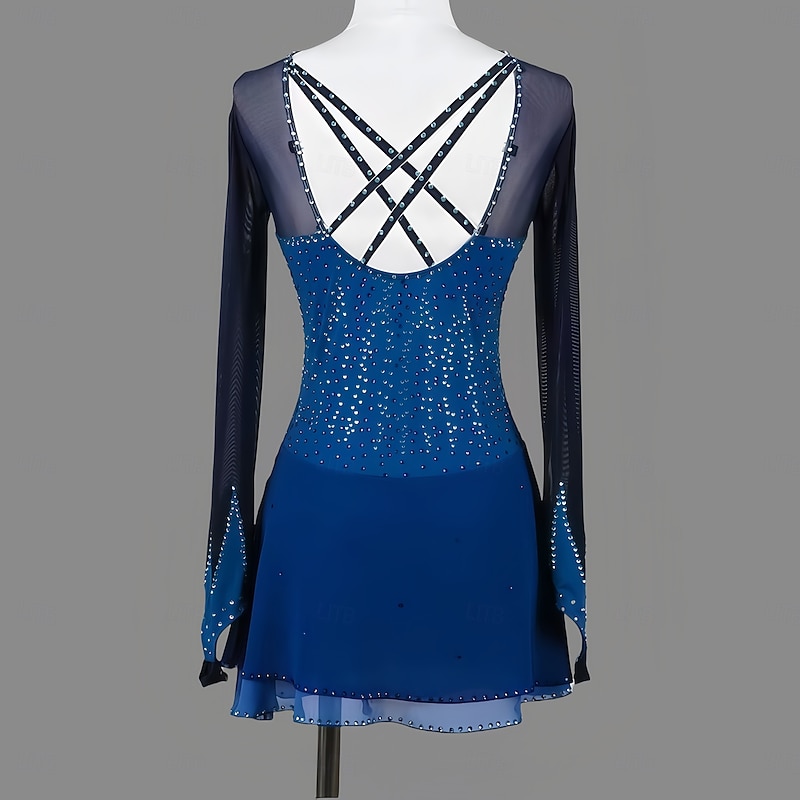Figure Skating Dress Women's Girls' Ice Skating Dress Dark Green Dark Blue Patchwork Thumbhole Mesh Spandex Stretchy Training Practice Professional Skating Wear Thermal Warm Classic Crystal2