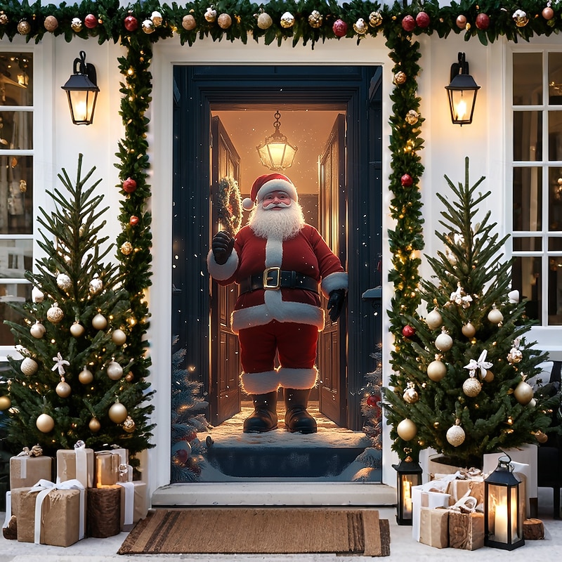 Christmas Door Decorations Door Covers Xmas Santa Standing Door Tapestry Door Curtain Decoration Backdrop Door Banner for Front Door Farmhouse Holiday Party Decor Supplies Indoor/Outdoor