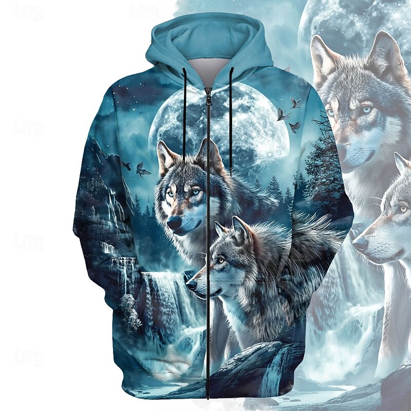 Men's Wolf Hoodie Hoodies Sweatshirt Fashion Daily Long Sleeve Hooded Holiday Travel Blue Drawstring Zipper Pocket Fall Winter Designer