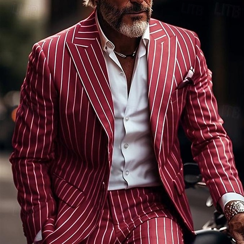 Men's Blazer Business Cocktail Party Wedding Party Without Dress Pants Fashion Casual Spring &  Fall Polyester Stripes Pocket Buttons Comfortable Single Breasted Blazer Red Blue Green2