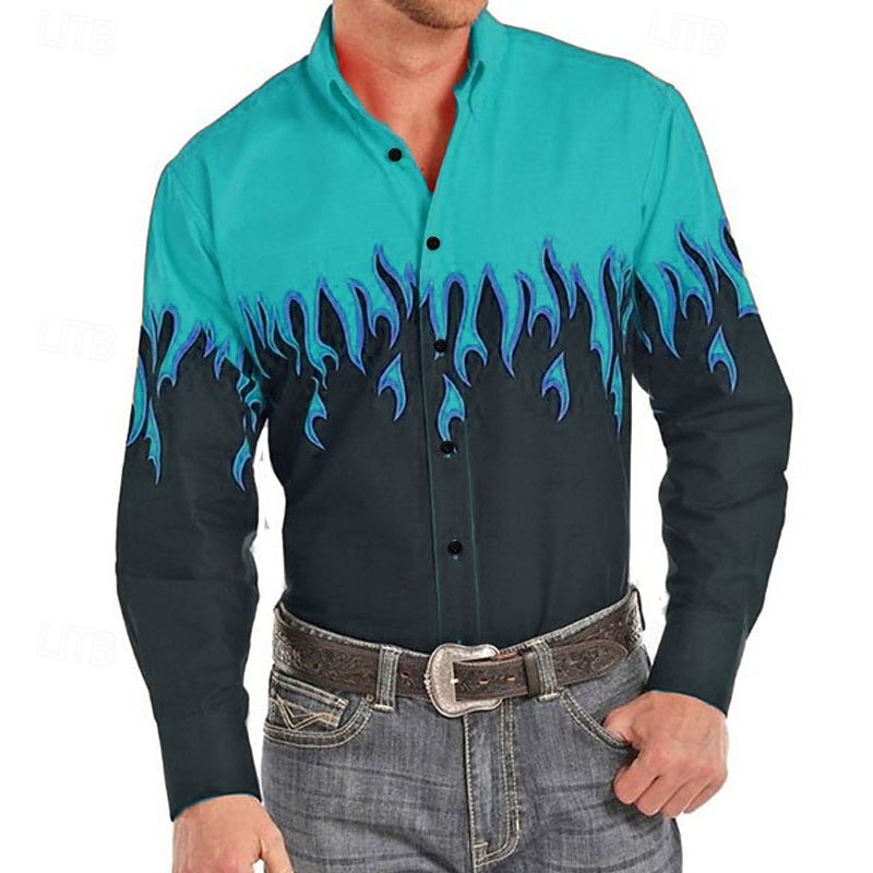 Men's Cowboy Western Shirt Button Up Shirt Cowboy Shirt Long Sleeve Fashion Designer Western Daily Fall & Winter Turndown Collared Shirts 3D Print Front Pocket Red Purple Brown Green Blue+Blue2