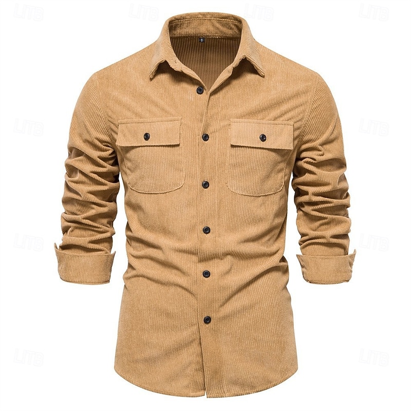 Men's Shirt Casual Shirt Corduroy Shirt Button Up Shirt Plain Daily Vacation Dark Navy Khaki Long Sleeve Collar Spring &  Fall Clothing Apparel Front Pocket