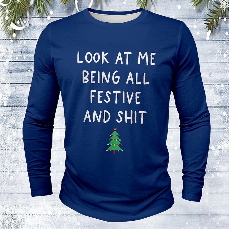 Christmas Men's Tree Funny Slang T Shirt Long Sleeve T shirt 3D Print Crew Neck Shirt Vacation Designer Street Casual Black White Red Summer Spring Fall Clothing Apparel S M L XL XXL XXXL3