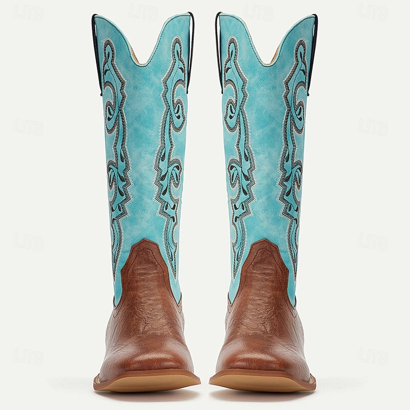 Men's Turquoise and Brown Western Cowboy Boots with Embroidered Design - Stylish and Comfortable Footwear for Rodeo and Everyday Wear2