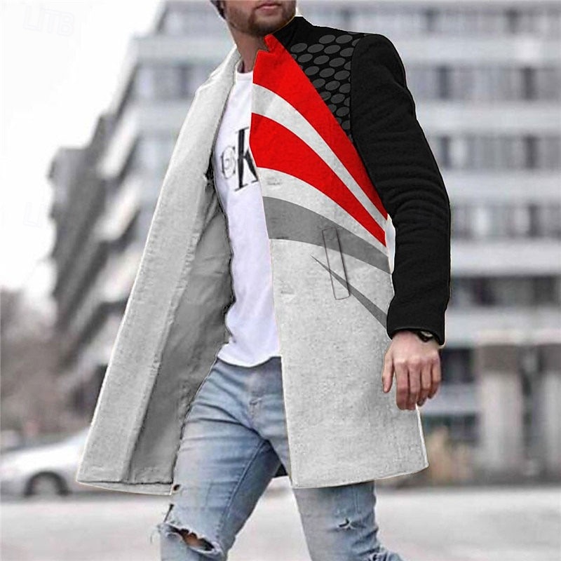 Men's Winter Coat Overcoat Coat Daily Wear Vacation With Pockets Print Front Pocket Fall & Winter Geometic Streetwear Sport Turndown Regular Yellow Red Blue Green Jacket