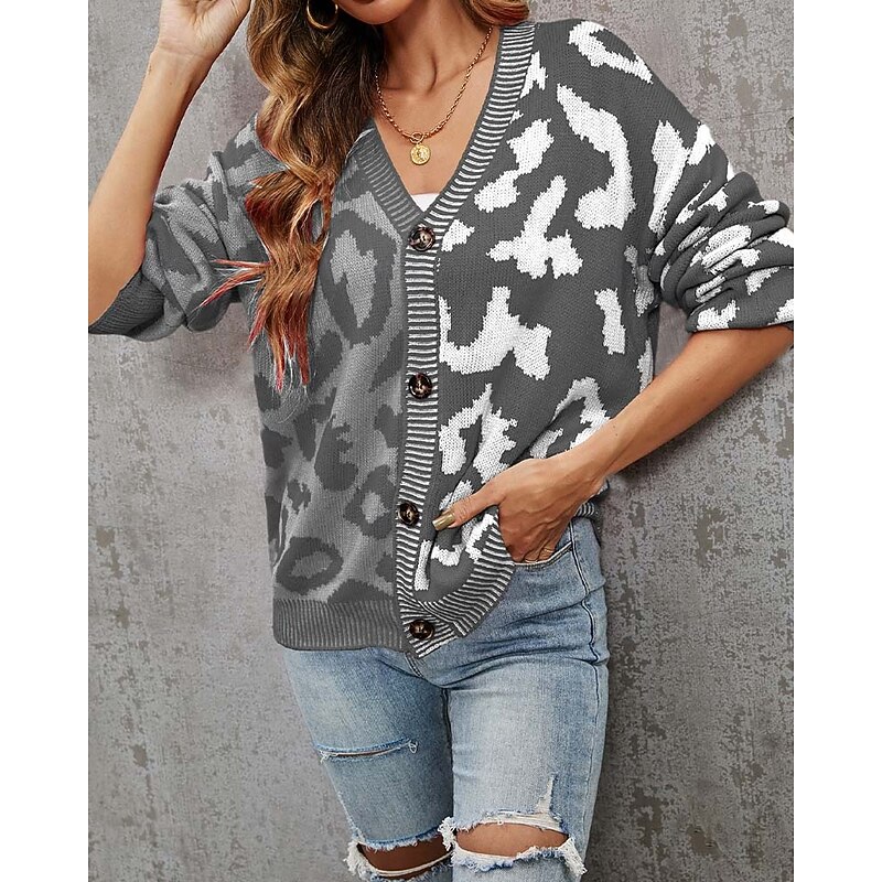 Women's Cardigan Fashion Daily Casual Leopard Color Block Print Open Front Knitted Long Sleeve Regular Tops Knit Formal Home Red Brown Fall Winter 5