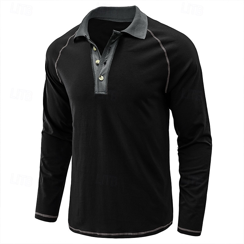 Men's Polo Shirt Golf Shirt Casual Lapel Long Sleeve Fashion Basic Solid Color Button Vintage Style Spring &  Fall Regular Fit Dark Brown Black White Burgundy Navy Blue Light Grey Polo Shirt3