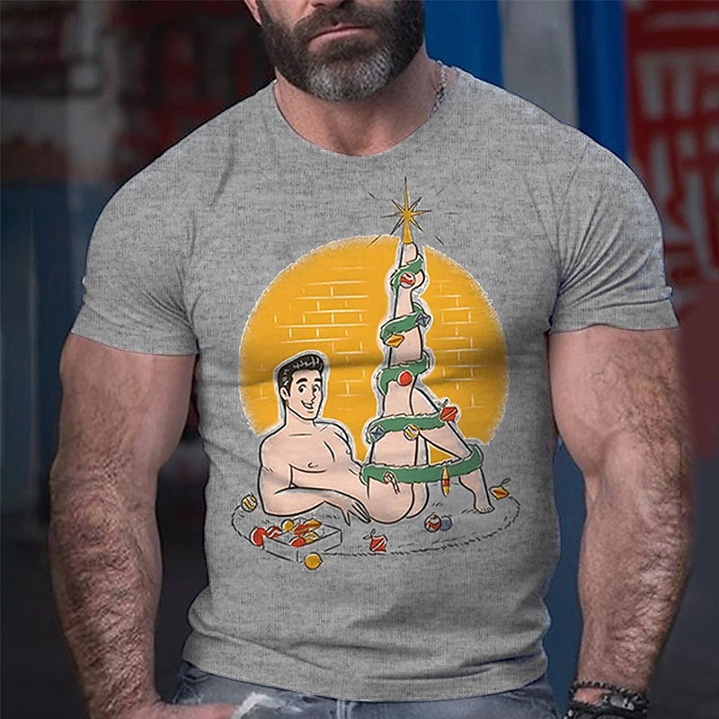 Mens Funny Human Christmas Tree Graphic T-Shirt Short Sleeve Novelty Holiday Top3