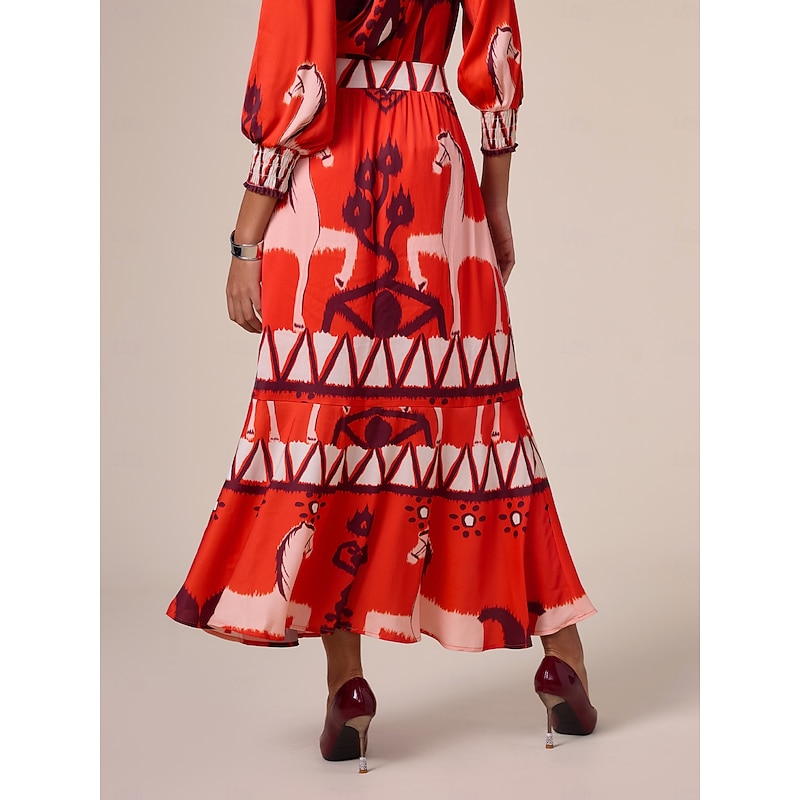 Chiffon Orange Printing Elegant Bohemia Midi Skirt2