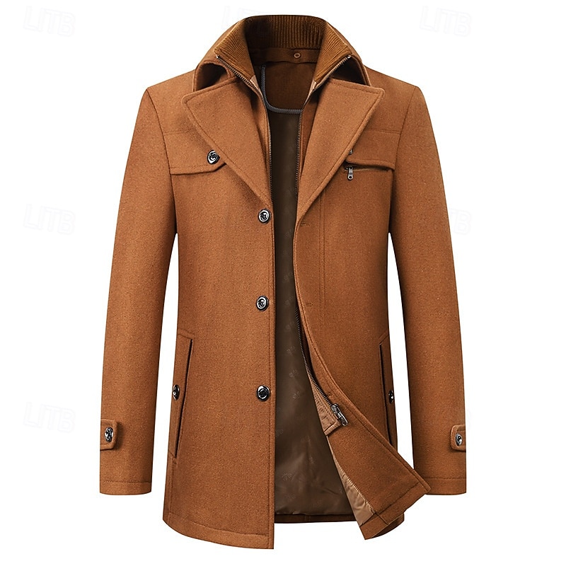 Men's Peacoat Trench Coat Daily Vacation Fall & Winter Polyester Thermal Warm Outerwear Clothing Apparel Fashion Classic Plain Pocket Lapel Zipper