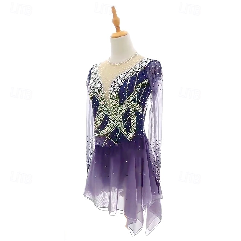 Figure Skating Dress Women's Girls' Ice Skating Dress Violet Green Patchwork Mesh High Elasticity Training Competition Skating Wear Classic Crystal / Rhinestone Long Sleeve Ice Skating Figure Skating3