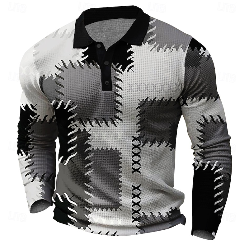 Men's Plaid Waffle Polo Shirts Golf Shirt Long Sleeve Polo Shirts Collared Shirts Vintage Casual Vacation Wear Formal Wear Festival Wear Buttons 3D Print Spring Fall Winter Black And White