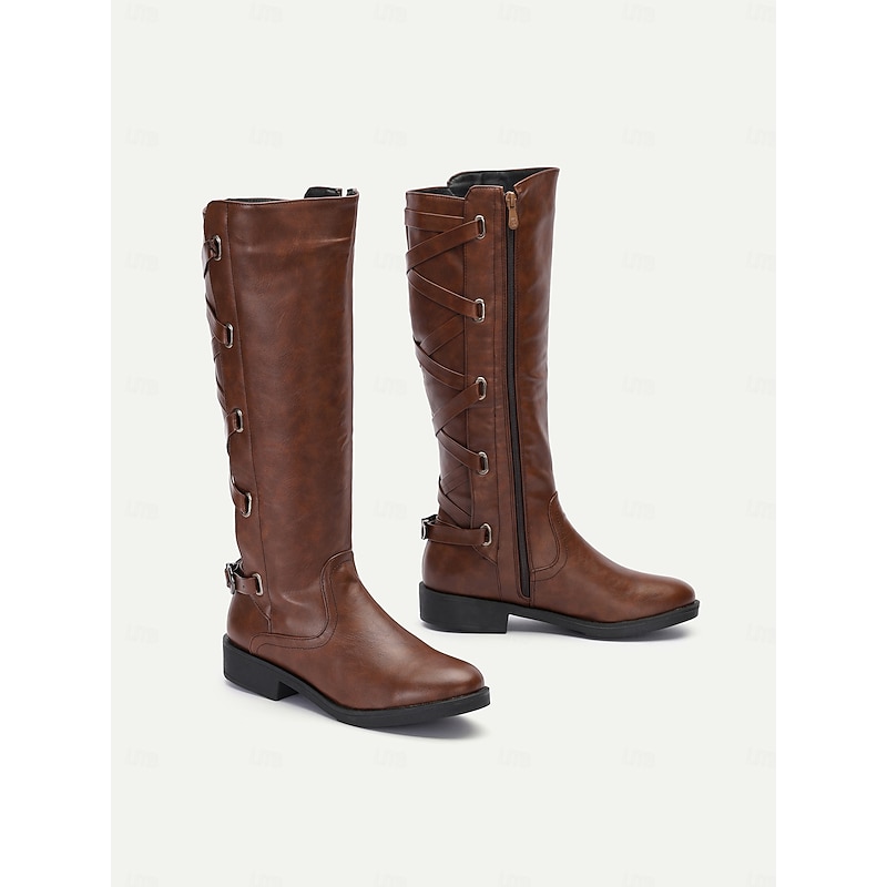 Women's Black Motorcycle Boots with Side Lace-Up and Buckle Detail - Stylish High Knee Riding Boots4