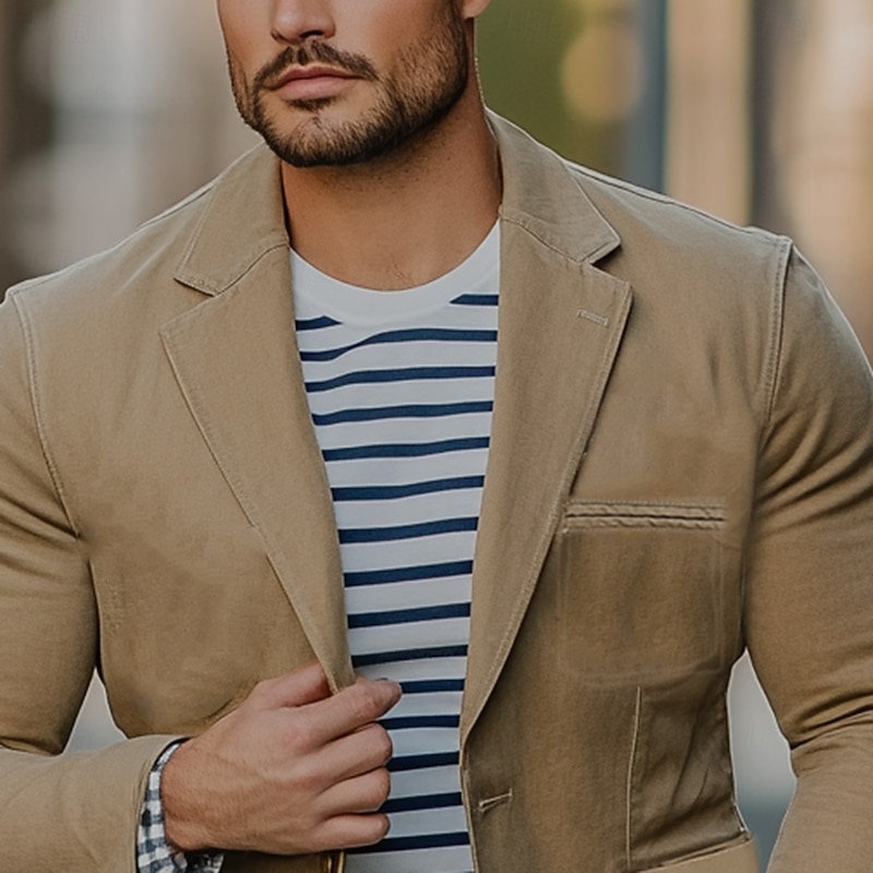Men's Blazer Jacket Casual Jacket Formal Party Office Lined Elegant Vintage Spring Fall POLY Solid Color Single Breasted One-button Blazer khaki2