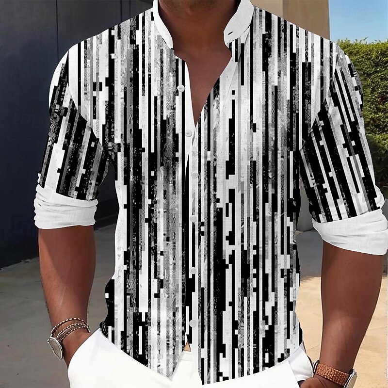Men's Striped Geometric Pattern Dress Shirt Button Up Shirt Long Sleeve Casual Vacation Daily Summer Spring &  Fall Grandad Collar Band Collar 3D Print Blue Green Khaki Black-white Gray