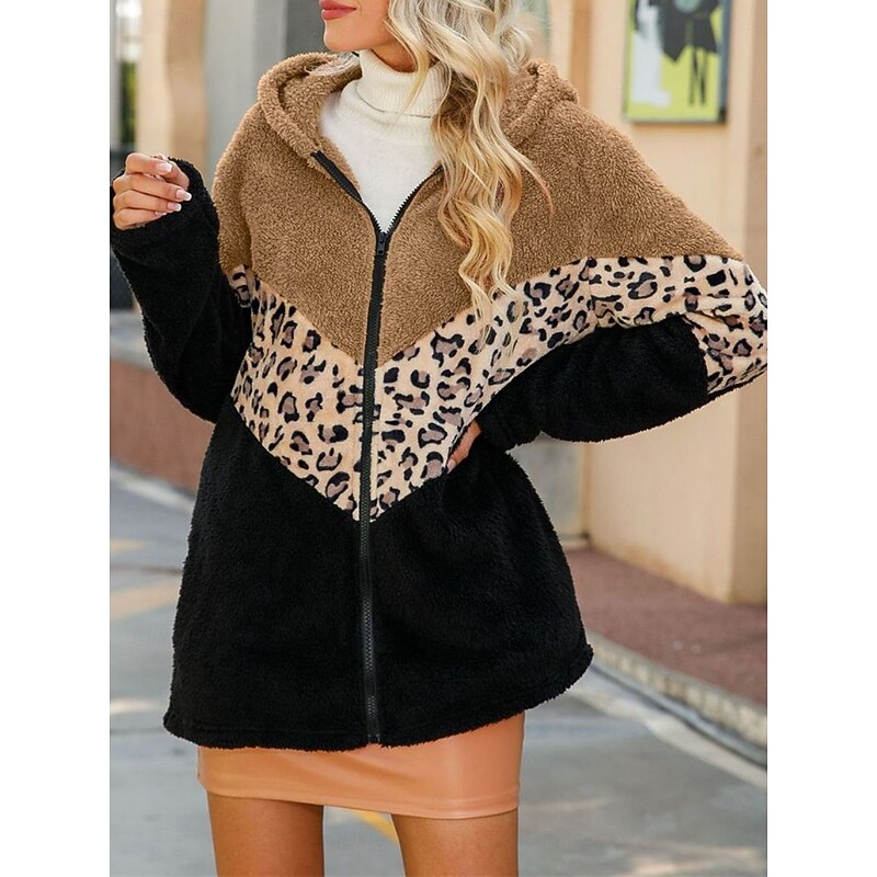 Women's Fleece Jacket Teddy Coat Hoodie Jacket Warm Breathable Zipper Pocket Fleece Lined Casual Leopard Vacation Street Daily Wear Going out Zipper Regular Hoodie Regular Fit Long Sleeve Outerwear2
