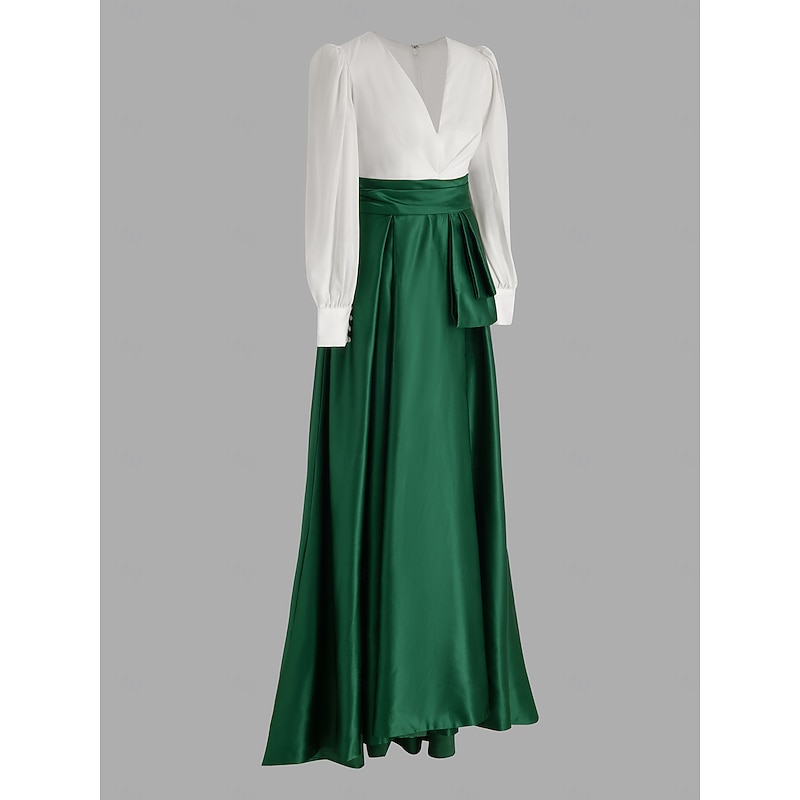 A-Line Evening Gown Elegant Dress Formal Wedding Guest Sweep / Brush Train Long Sleeve V Neck Satin with Pleats Slit3