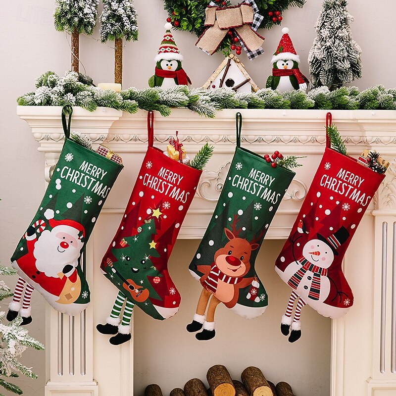Christmas Colorful Print Stockings, Christmas Decoration Xmas Party Santa Gift Socks and Snowman Gift Bags, Red and Green Hanging Holiday Stockings