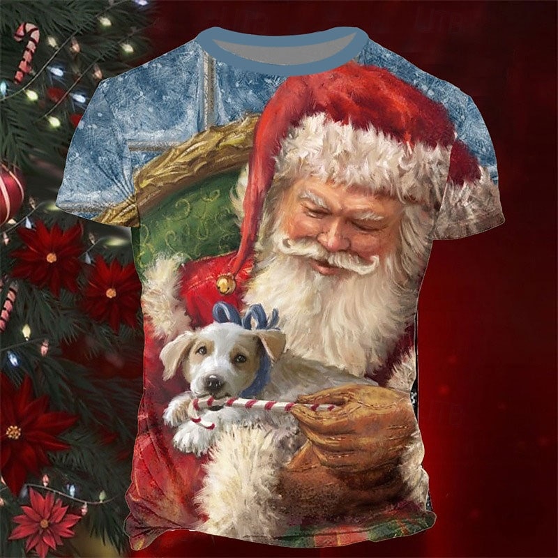 Christmas Men's Santa Claus 3D T-shirts Graphic Santa Claus Daily Designer Retro Vintage 3D Print Tee Sports Outdoor Holiday Going out Red Blue Brown Short Sleeve Crew Neck Spring & Summer Clothing2