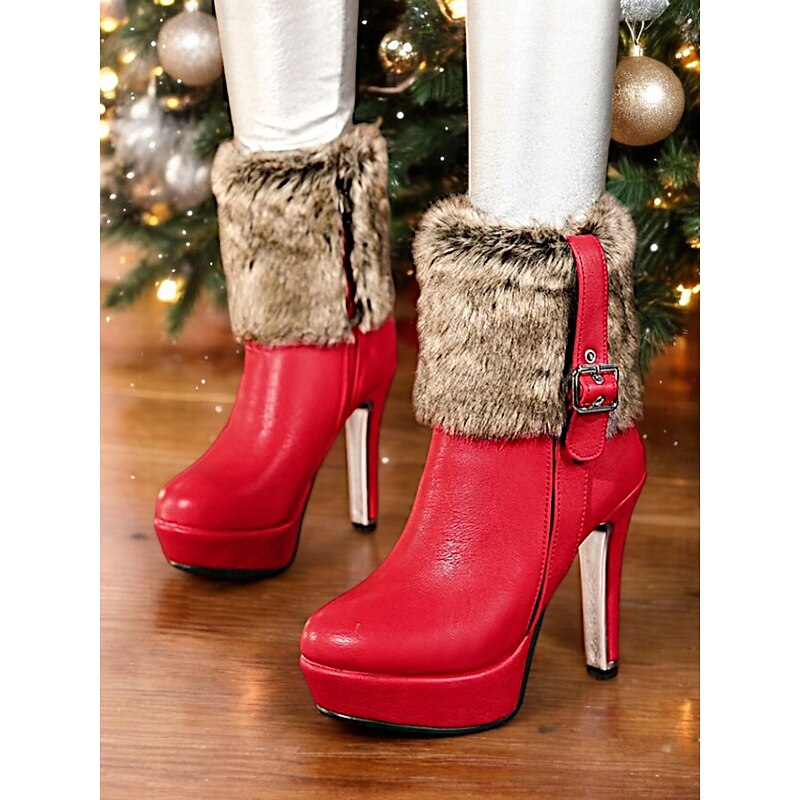 Women's Red High Heel Fur Trim Christmas Boots with Platform and Buckle Detail – Festive Winter Holiday Shoes