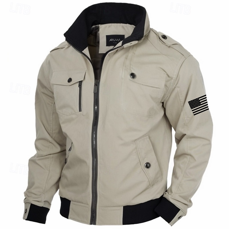 Men's Graphic American US Flag Jacket Coat Tactical Thermal Warm Comfy Casual Sports Outdoor Camping & Hiking Side Pockets Zip Front Fall Winter Standing Collar Long Sleeve khaki