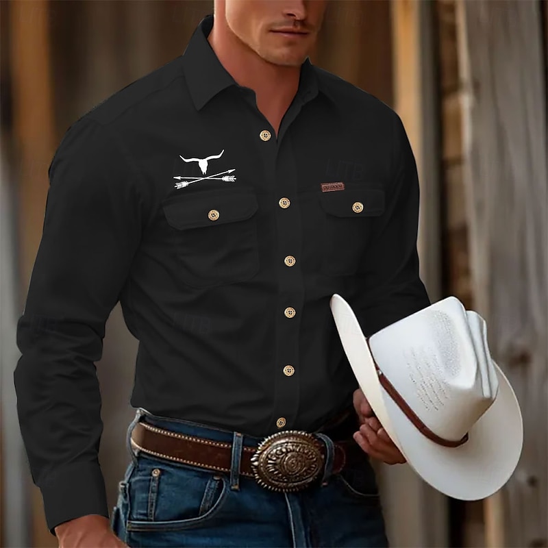 Men's Cow Work Shirt Western Shirt Cargo Shirt Long Sleeve Casual Tactical Sports & Outdoor Going out Winter Spring &  Fall Turndown Print Black White Khaki4