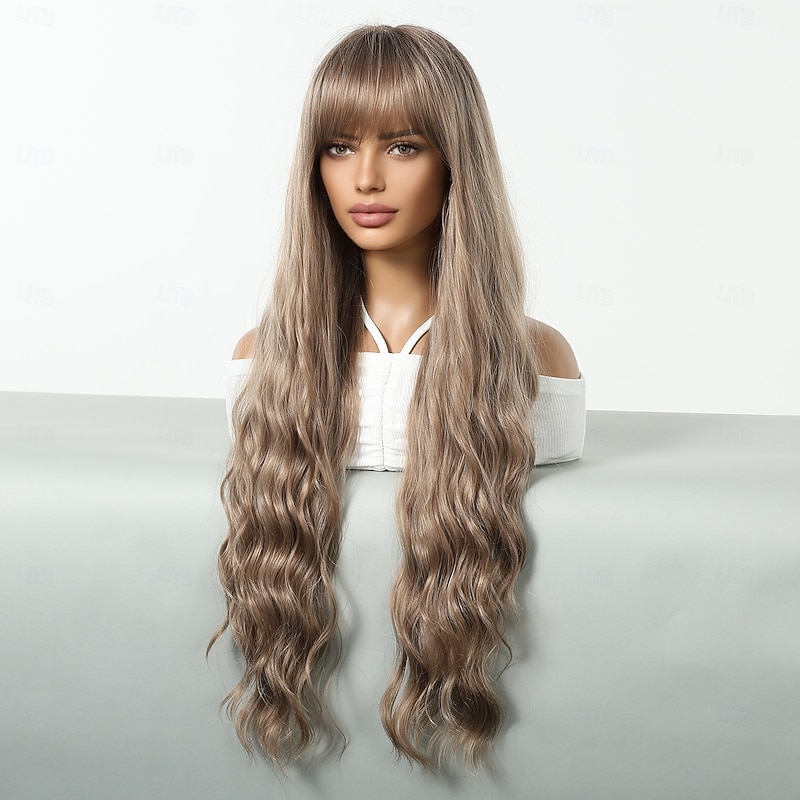 Synthetic Wig Uniforms Career Costumes Princess Curly Wavy Middle Part Layered Haircut With Bangs Machine Made Wig 30 inch Dark Brown Synthetic Hair Women's Cosplay Party Fashion Dark Brown4