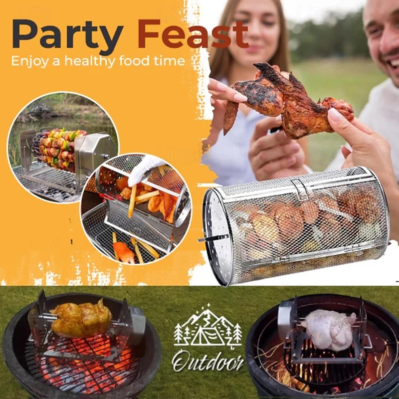 Stainless Steel Rotating Grill, 360-Degree Rotisserie for Even Cooking, Multifunctional Oven and Air Fryer Compatible, Easy to Clean BBQ and Party Essential2
