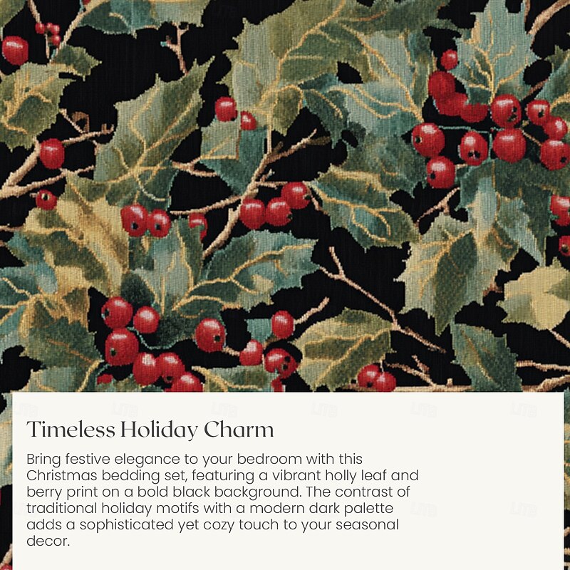 Christmas Duvet Cover Set 100% Cotton Queen King Size Winterberry Design Christmas Comforter Set Full with Holly Berry Pattern Festive and Soft Includes Duvet Cover and Pillowcases Decor2