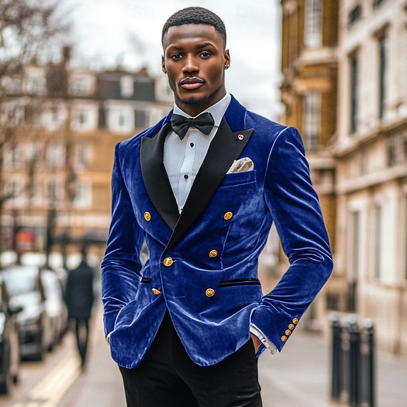 Men's Blazer Jacket Tuxedo Closure collar Vintage Party Velvet Patchwork Solid Colored Blazer Black Burgundy Dark Blue Standard Fit Double Breasted Six-buttons