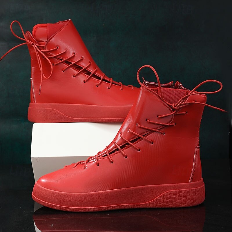 Men's Red Faux Leather High-Top Boots with Side Zipper and Lace-Up Design – Stylish Casual Footwear for Fall and Winter3