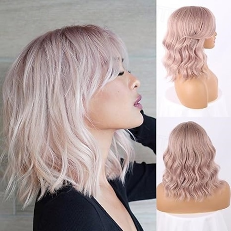 Short Wavy Bob Wig with Curtain Bangs,Short Wavy Wig with Dark Roots Bob Wigs for Women Natural Looking Bob Wavy Wig with Bangs4