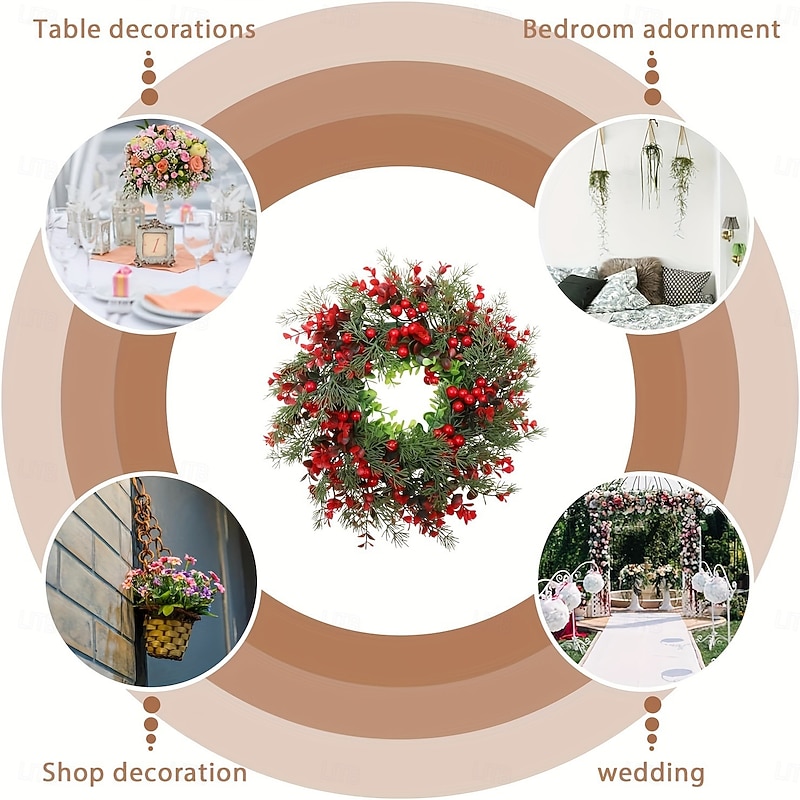 Christmas Wreath for Front Door Outdoor Door Winter Wreath, 50x50cm Cedar Leaves and Red Berries Xmas Decoration, Holiday Hanging Ornament for Porch and Garden Decor4
