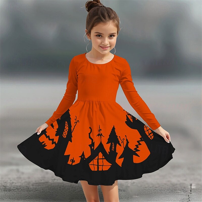 Halloween Girls' 3D Graphic Halloween pumpkin Dress Long Sleeve Summer Spring Daily Holiday Vacation Beautiful Halloween Custome Kids 4-12 Years Casual Dress A Line Dress Knee-length Polyester4